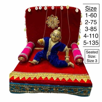 red Laddu Gopal singhasan with velvet finish and cowrie shell decoration
