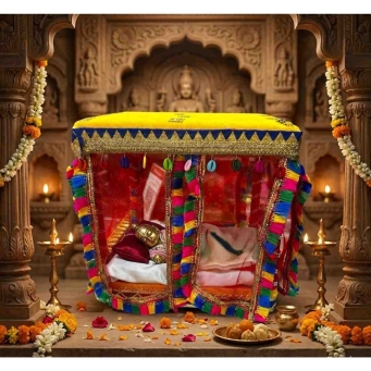 multicolour Laddu Gopal bed canopy with fringe and cowrie trim for idol decor
