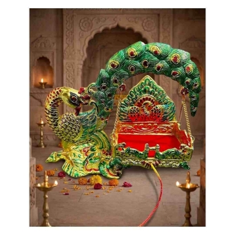 gold green Meena Mor jhula peacock themed swing for Laddu Gopal idol