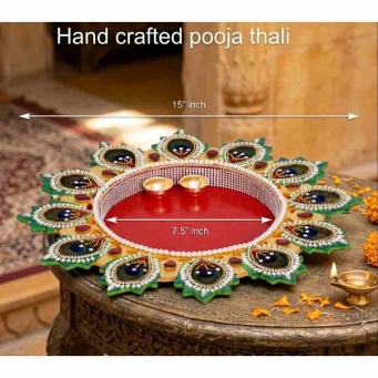 multicolour pooja thali 15 inch with handcrafted peacock design for rituals