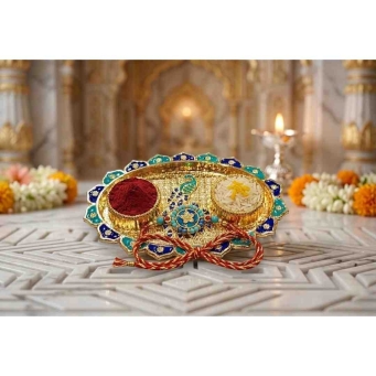 decorative kumkum plate with peacock design in gold finish