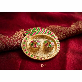 small gold pink green kankavati kumkum plate with peacock design for pooja
