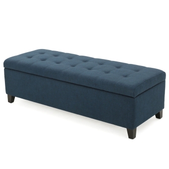 front view blue tufted ottoman bench bedroom office seating
