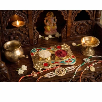 gold red teal rectangular kankavati kumkum plate with ornamental design for pooja