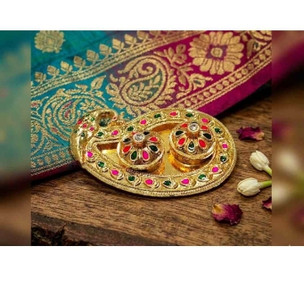 gold pink green kankavati kumkum plate peacock shape design for pooja