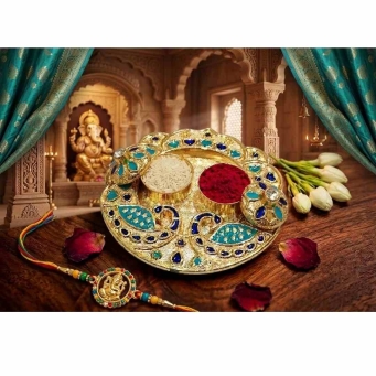 gold blue teal kankavati kumkum plate with twin peacock design for pooja