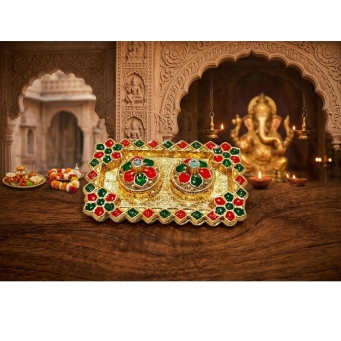 gold red green kankavati kumkum plate rectangular floral design for pooja