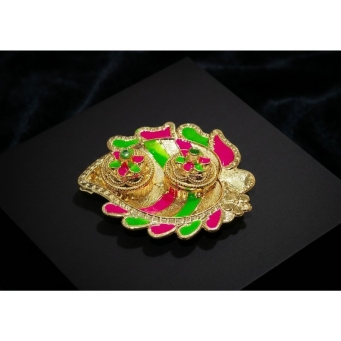 gold kankavati kumkum holder with pink and green accents small traditional design
