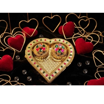 gold heart shaped kankavati kumkum holder with pink and green accents small size