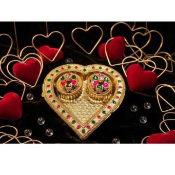 gold heart shaped kankavati kumkum holder with pink and green accents small size