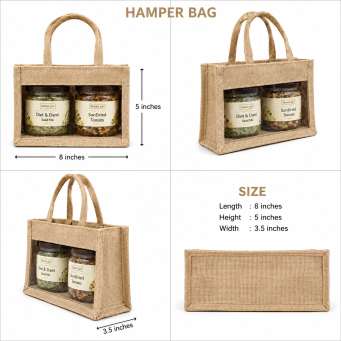 handmade jute transparent gift bag with lace work and floral patch design