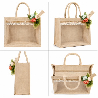 handmade jute transparent gift bag with lace work floral patch aesthetic design