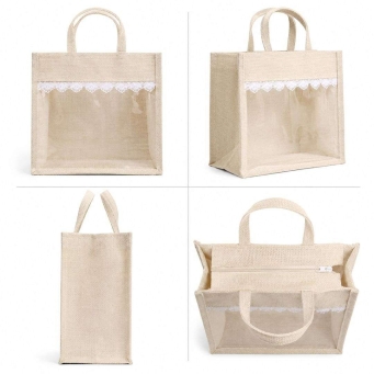 handmade transparent jute tote bag lace work design by L.G. Creations