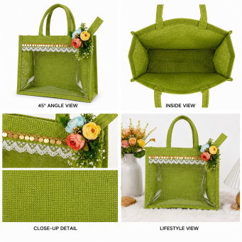 handmade jute transparent tote bag for gift packaging and daily use
