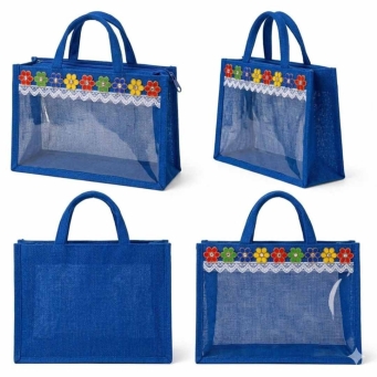 handmade transparent jute return gift bag lace work tote bag by L.G. Creations
