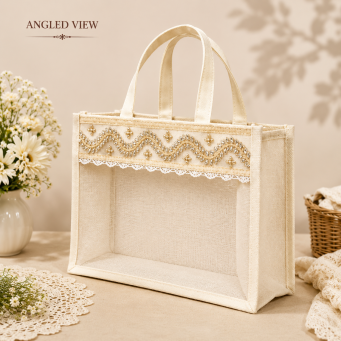 handmade jute transparent gift bag with lace work decorative tote design