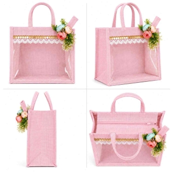 handmade jute tote bag with lace work design for stylish everyday use