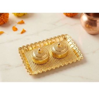 golden kankavati kumkum plate 3 inch rectangular with textured design for pooja