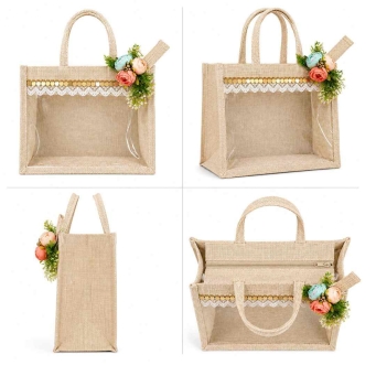 handmade jute bag with floral patch design for bridal hamper and gifting