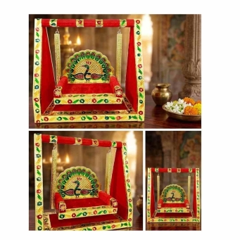 royal red gold wooden meenakari jhula with peacock design for Laddu Gopal