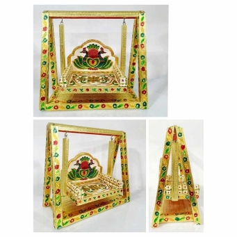 glossy gold wooden dandiya jhula with multicolor meenakari for Laddu Gopal idol