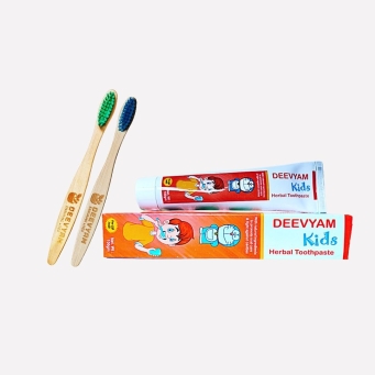 Kids oral care combo with 1 herbal toothpaste and 2 bamboo toothbrush UV sterilized set