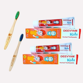 Kids oral care combo with 2 herbal toothpaste and 2 bamboo toothbrush UV sterilized set