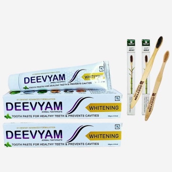 Whitening toothpaste and bamboo toothbrush combo with 2 herbal toothpaste and 2 UV sterilized brushes