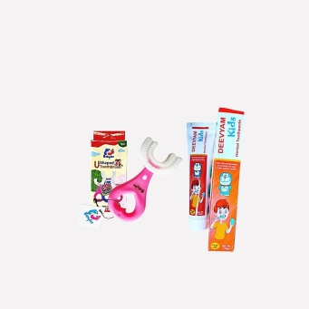 Kids oral care combo with 1 herbal toothpaste and 1 U shaped toothbrush UV sterilized set