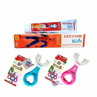 Kids oral care combo with 1 herbal toothpaste and 2 U shaped toothbrush UV sterilized set