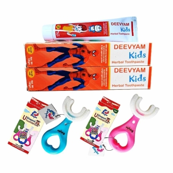 Kids oral care combo with 2 herbal toothpaste and 2 U shaped toothbrush UV sterilized set