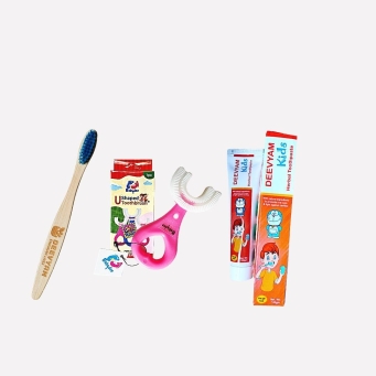 Kids oral care combo with 1 herbal toothpaste 1 U shaped and 1 bamboo toothbrush UV sterilized set
