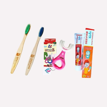 Kids oral care combo with 1 herbal toothpaste 1 U shaped and 2 bamboo toothbrush UV sterilized set