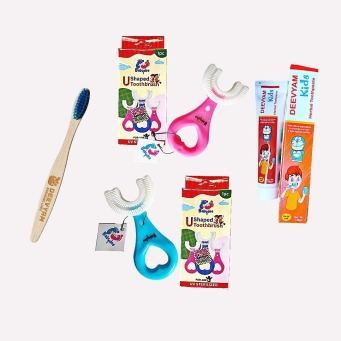 Kids oral care combo with 1 herbal toothpaste 2 U shaped and 1 bamboo toothbrush UV sterilized set