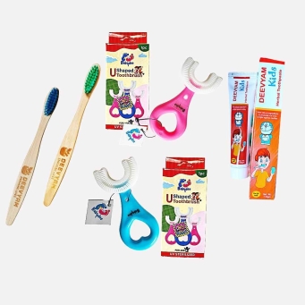 Kids oral care combo with 1 herbal toothpaste 2 U shaped and 2 bamboo toothbrush UV sterilized set