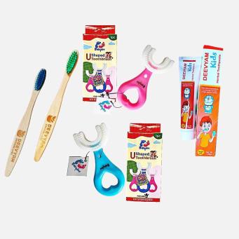 Kids oral care combo with 1 herbal toothpaste 2 U shaped and 2 bamboo toothbrush UV sterilized set
