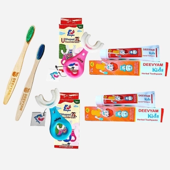 Kids oral care combo with herbal toothpaste U shaped toothbrush and bamboo toothbrush UV sterilized set