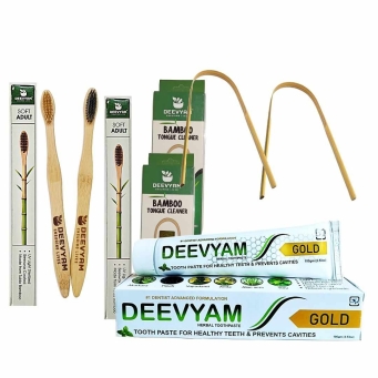 Deevyam family oral care kit aloe vera toothpaste bamboo toothbrush set Gold aloe vera toothpaste with bamboo toothbrush and tongue cleaner kit