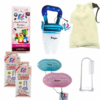 Baby oral care kit with 2 silicone finger brushes and 1 BPA-free pacifier for infants