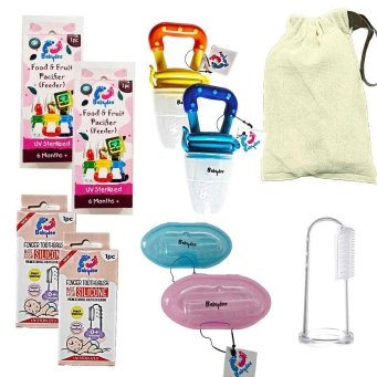 Baby oral care kit with 2 silicone finger brushes and 2 BPA-free pacifiers for infants
