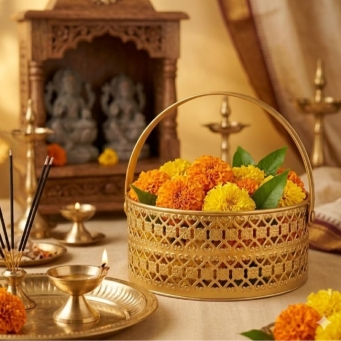 RAS DECO Golden Metal Pooja Basket with Handle