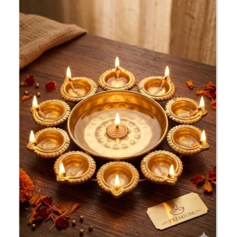 Gold Finish Decorative Urli Diya with Oil Lamps