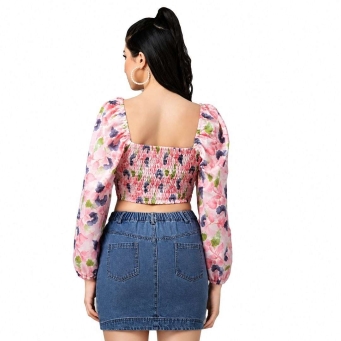 Pink floral chiffon crop top with bell sleeves and sweetheart neckline for women