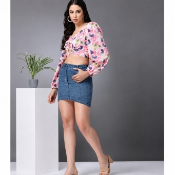 Side view of pink floral bell sleeve chiffon crop top