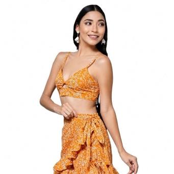 Vijay Enterprises women crepe bralette relaxed fit crop top floral print with ruffle skirt set