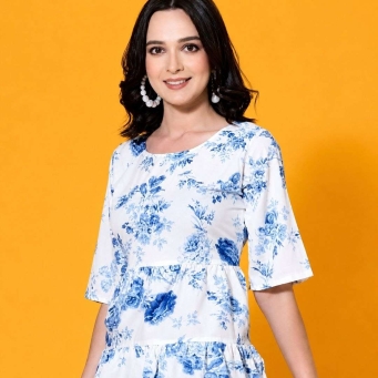 Vijay Enterprises women blue floral printed relaxed fit long sleeve round neck top casual wear