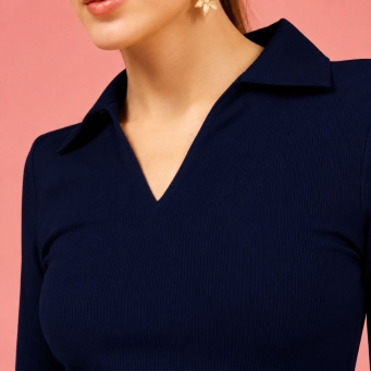 Vijay Enterprises women's ribbed polo collar full sleeve regular fit crop top navy blue