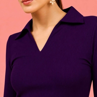 Vijay Enterprises women's ribbed polo collar full sleeve regular fit crop top purple