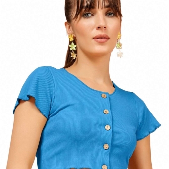 Vijay Enterprises women's cropped bolero button down short sleeve cardigan blue