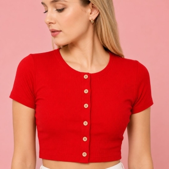 Red cropped bolero button down short sleeve cardigan for women